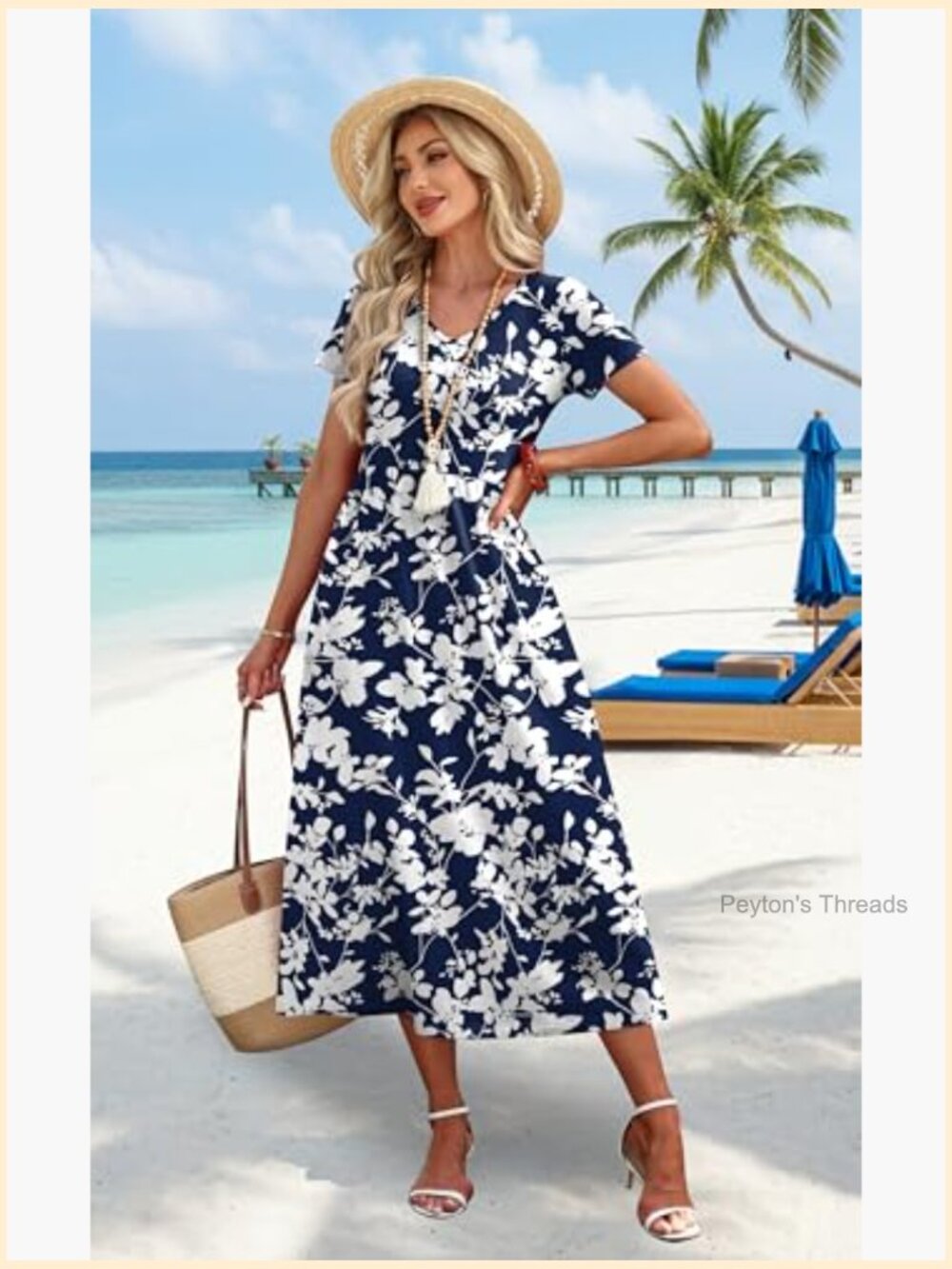 Flowy A-Line Midi Dress with Pockets Summer Casual Beach Vacation S-2XL - Picture 2 of 7